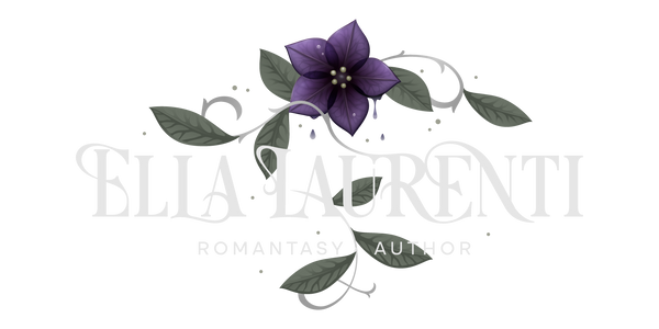 A stylized purple flower with dark green leaves and silver-gray vine flourishes above the text 'ELLA LAURENTI ROMANTASY AUTHOR' on a plain white background.